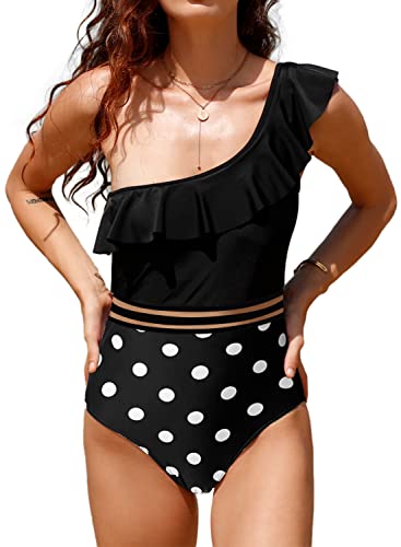 Husmeu Swimming Costume Women One Shoulder Swimsuits Ruffle One Piece Bathing Suits for Women Tummy Control Hollow Out Mesh Monokini Polka Dot L