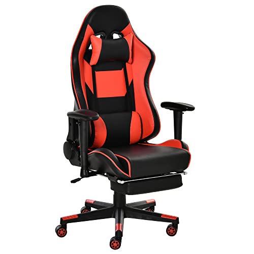 Vinsetto Gaming Stuhl mit Wipp- & Liegefunktion ergonomischer Schreibtischstuhl mit Fußstütze Kopfstütze Lendenkissen höhenverstellbarer Bürostuhl 90-160° Neigungswinkel Schwarz+Rot 72x72x121-130 cm