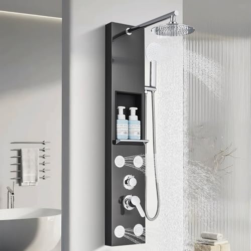 Duschpaneel mit Duschsäulensystem 5 in 1 Hydraulische Massage Duschsäule mit Regendusche Wandmontage mit Wasserfall Handbrause Hydromassage und Wannendüse Schwarz