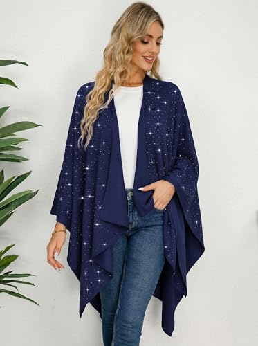 Image of Womens Rhinestones Open Front Poncho Shawl Wrap Cape Ruana Travel Blanket Cardigan