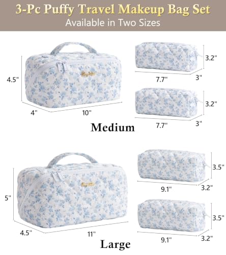 Image of Travel Makeup Bag, Large Capacity Puffy Toiletry & Cosmetic Bag for Women | 3 PCS Open Flat Quilted Makeup Cosmetic Organizer, Waterproof w /Clear Divider Portable Pouch for Skincare Travel Essentials