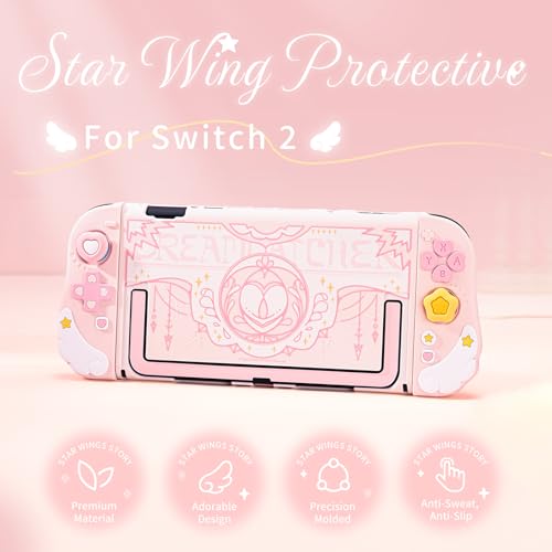 Image of Geekshare Protective Case Set Compatible with switch 2, PC Back Plate with Silicone Joysticks Covers, Includes 2 Thumb Grips, Waterproof Protection - Star Wing Series (Pink)