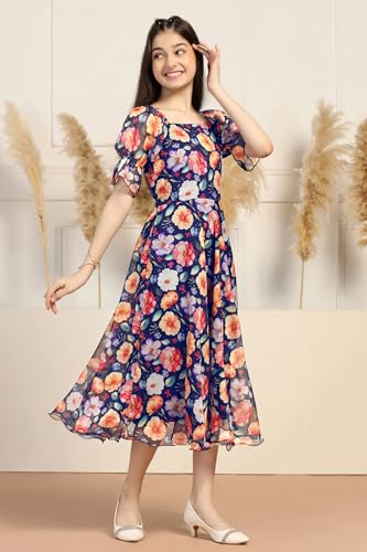 Image of Fashion Dream Girl's Organza Floral Printed Calf Length Dress|Western Dress|Kids Dress|Fancy Dress