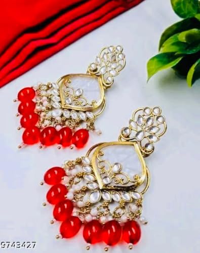 Image of Traditional 20K Gold Plated Kundan Chandbali Earrings with Black Beads and Faux Pearls for Women - Ethnic Wedding & Partyy Wear Statement Jewelry