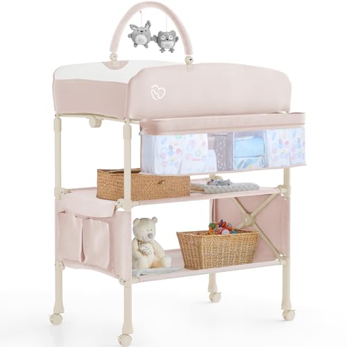 Portable Baby Changing Table w/ 1pc Diaper Changing Pad, BabyBond Foldable Changing Table Dresser Waterproof Diaper Changing Table Height Adjustable Changing Station Infant and Newborn(Pink) (BB1009)