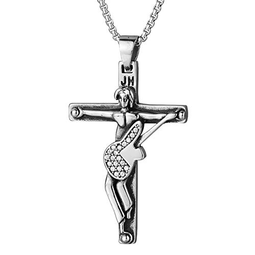Collana con Pendente a Croce per Chitarra Medaglione Galleggiante Crocifisso Cristiano Gioielli da Uomo in Argento