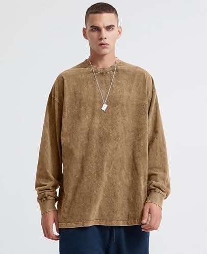 Men's Oversized T Shirts Long Sleeve Shirts for Men Vintage Acid Wash Comfort Colors Crewneck Sweatshirt4