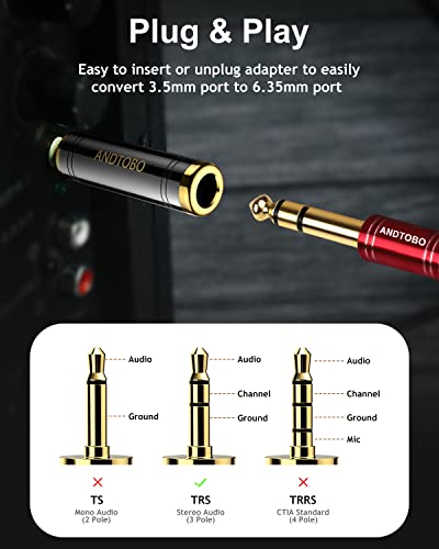 Andtobo 1/4'' To 3.5Mm Stereo Pure Copper Headphone Adapter,3.5Mm(1/8'') Plug Male To 6.35Mm (1/4'') Jack Female Stereo Adapter For Headphone, Amp Adapte, Black 2-Pack #TOP3
