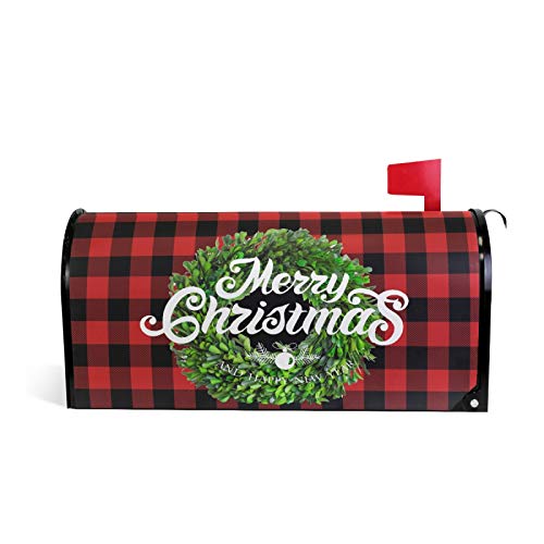 Kcldeci Christmas Boxwood Wreath Magnetic Mailbox Cover MailWraps Berry Buffalo Plaid Xmas Mailbox Covers Wraps New Year Winter Post Box Covers 25.5(L) x 20.8(W) for Outside Garden Home Decor
