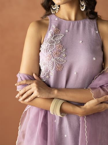 Image of FIORRA Women Lavender Crush Organza Hand-Worked Straight Kurta Set with Dupatta