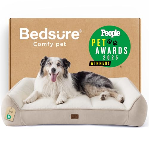 BEDSURE waschbares Hundebett Grosse Hunde - 106x76cm extra Dicke unterstützende Hundesofa mit wasserdichter Hülle, rutschfest Hundekorb große mit weichem plüsch Sherpa,Creme