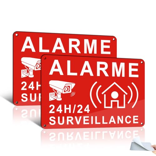 Goodvia Panneau Alarme Vidéo Surveillance avec Adhésif 22x15cm 24H, Aluminium Réfléchissant, Résistant aux UV, Imperméable, Rouge x2