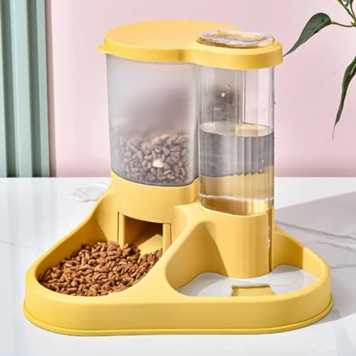 Image of Dog Bowl, 2 in 1 Automatic Cat Food and Water Bowl Set with Water Dispenser and Stainless Steel Bowl for Cats and Small Dogs Automatic Water Feeder Water Drinker (Yellow)