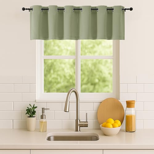 Image of Simplebrand Sage Green Window Valance for Kitchen 14 Inches Long 2 Panels Set, Room Darkening Valance Curtains for Living Room, Grommet Short Privacy Kitchen Curtains for Bedroom Kids Room, 40Wx14L