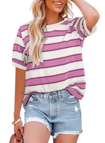 Dokotoo Spring Tops for Women Holiday Striped Color Block Short Sleeve Shirts Crewneck Summer Casual Loose Cozy Basic Fashion T-Shirts Cute Ladies Tee Blouses Vacation Cruise Outfits Pink Large