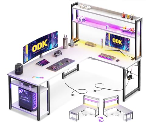 Odk Escritorio Gaming Con Led, Escritorio Con Estante Reversible, Escritorio En L Con Enchufes Y Puertos Usb, Escritorio Gaming Blanco Con Compartimentos Y Almacenamiento, 150 120 Cm Odk Escritorio Gaming Con Led, Escritorio Con Estante Reversible, Escritorio En L Con Enchufes Y Puertos Usb, Escritorio Gaming Blanco Con Compartimentos Y Almacenamiento, 150 120 Cm