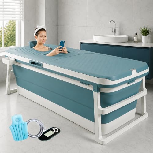 Image of Hukimoyo 6 Feet Bathtub for Adults (132x62x52 cm) Foldable with Temperature Meter & Bath Pillow Portable bath tub for Bathtroom Spa Tub Home Freestanding Hot & Ice Bath For Adults
