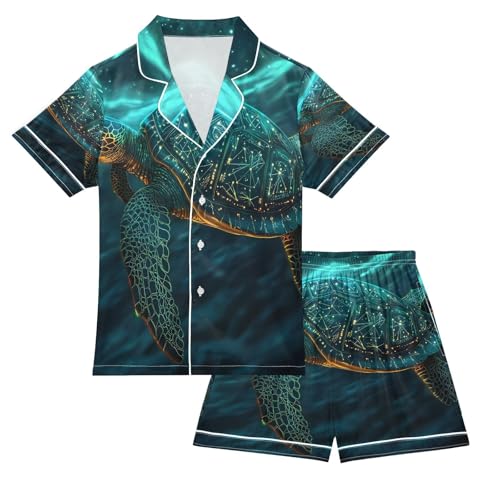 ALAZA Green Sea Turtle Golden Satin Pajamas Set Short Sleeve Button Down Sleepwear Summer Pjs 2 Piece
