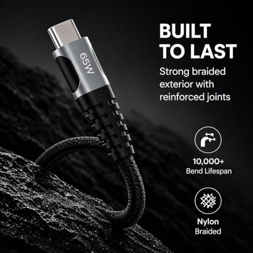Image of Noise 65W Fast Charging USB C to USB C Cable | 50x More Durable | 1M / 3.3Ft | 5A PD charge | 480 Mbps Transfer Speed | Braided Cable For iPhones, Android, Laptops, MacBooks, Tablets (Black)
