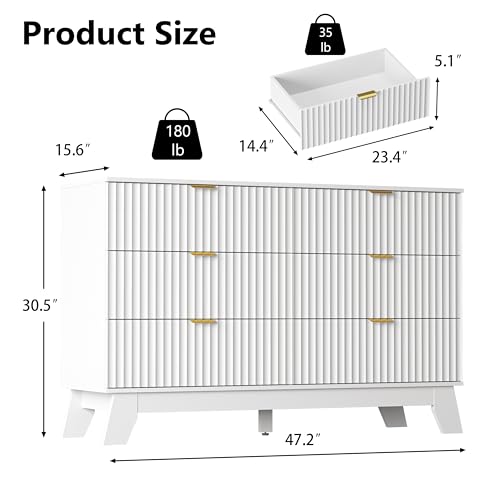 Image of White Dresser 6 Drawer Dresser for Bedroom, 47''W Fluted Wooden Dresser Storage Cabinet and Chest of Drawers with Metal Handle, Storage Organizer for Living Room, Hallway, Entryway