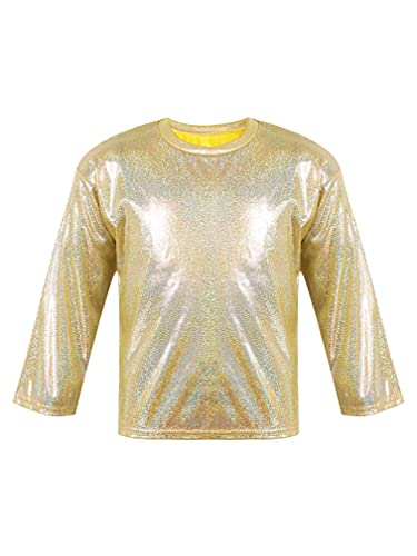 easyforever Kids Girls Boys Shiny Metallic Dance Tee Shirts Round Neck Long Sleeve Loose Performance Party Sports Tops