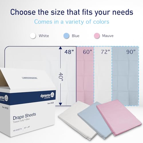 Image of Dynarex Disposable Drape Sheets - 40 inch x 48 inch (Case of 100), Blue, 2-Ply Tissue Paper for Patient Privacy, Exams, and Procedures