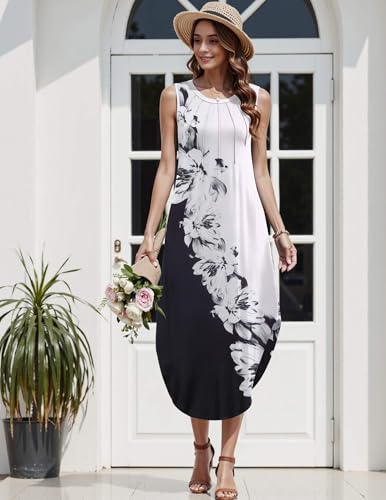 Image of Zeagoo Women Floral Summer Casual Beach Printed Tank Dress with Pockets Pleated Front Long Dress