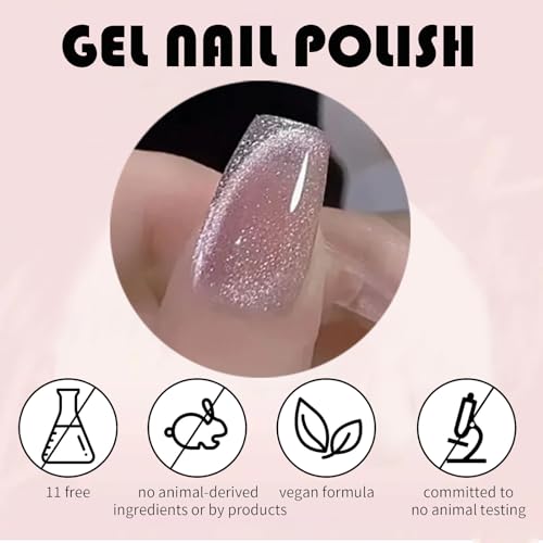 Cat Eye Gel Nail Polish, 1Pc Jelly Nude Glitter Pink Magnetic Nail Polish with Magnet Soak-Off UV LED Holographic Gel Polish Sparkly Cat Eye Gel Polish for Nail Art Manicure Salon DIY at Home - Image 4
