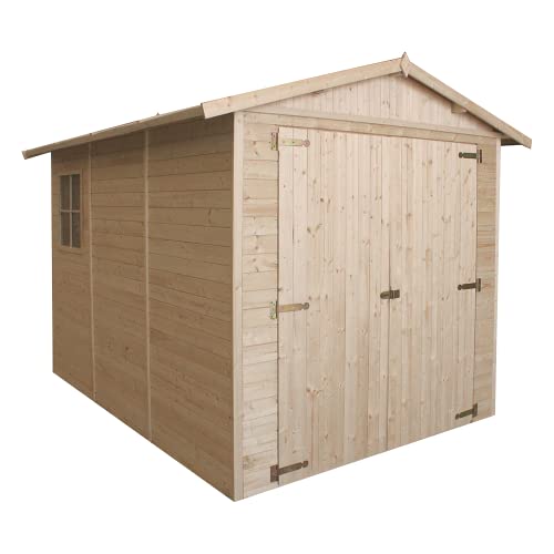 TIMBELA Garage en Bois Naturel - Chalet en Pin/épicéa- H222x244x320 cm/ 6 m² - Construction de Panneaux- Rangement pour vélos, Remise à Outils M105