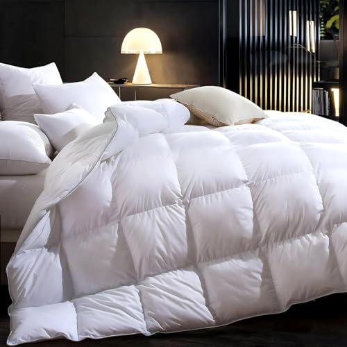 3D Baffle Box Real Down Comforter, 750 Fill-Power Ultra-Soft Down Duvet Insert, All Season White Feathers Down King Size Comforter, Medium Warm Bed Comforters, Fluffy and Cozy, 8 Corner Tabs- 106'X90'