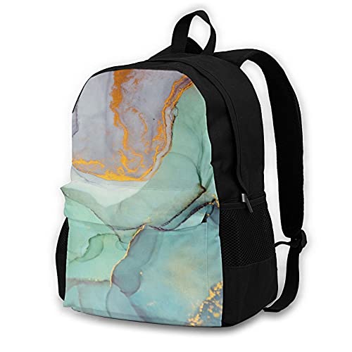Marble Effect Green Gold Backpack For Students Girls Boys Laptop Travel Sports Shoulder Bag For Men Women 16.5 Inch