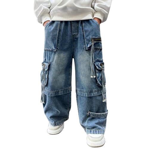 Boys Baggy Cargo Jeans Elastic High Waist Hip Hop Pants Vintage Wide Leg Ripped Jeans Loose Fit for Teens