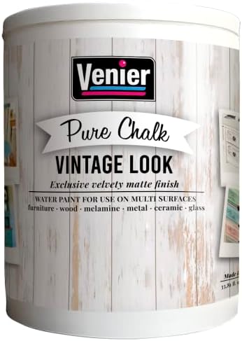 Pure Chalk Paint Venier, White Vintage Look - 33.81 fl.oz. - All in one Paint For Furniture, Crafts, Home Decor - Vintage Chalk Paint - Matte Finish Paint - Multi-Surface Paint For Restoration Of Furniture, Cabinets, Wood, Metal, Ceramics & Glass (Vintage White)