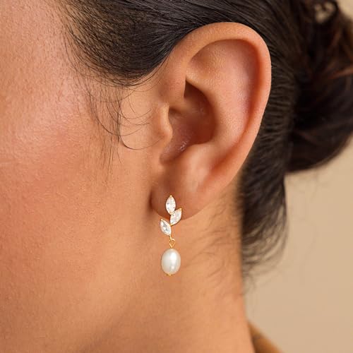 Dainty Gold Pearl Earrings for Women, Trendy 14k Gold Filled Freshwater CZ Leaf Bow Pearl Dangle Drop Earrings Lightweight Hypoallergenic Bridesmaid Stud Earring Wedding Statement Jewelry for Women Gifts3