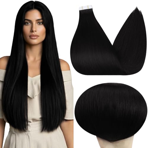 Image of Full Shine Black Tape in Extensions Real Human Hair, 26 Inch 100g 40PCS | Invisible Double Sided Tape in Extensions, Seamless Soft Remy Finish Add Length for Women Daily Wear