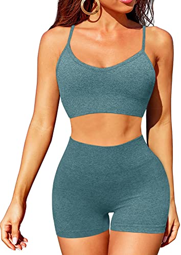 OLCHEE Womenâ€™s Workout Set 2 Piece Tracksuit - Seamless High Waist Shorts Leggings and Sports Bra Yoga Outfits - Dark Green Size L