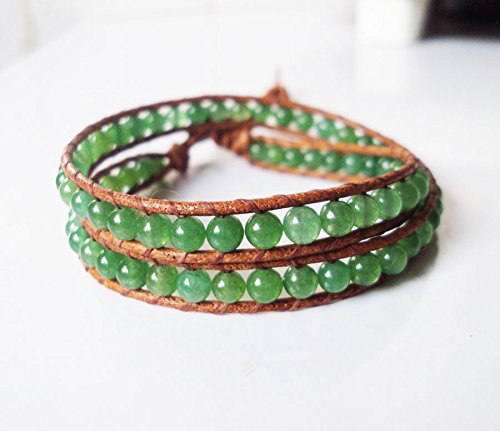 Green jade stone wrap leather bracelets,men and women bracelets,2 wrap bracelets,friendship bracelets