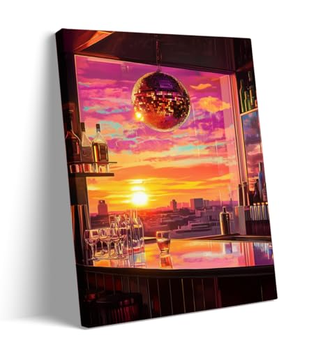 Trendy Bar and Sunset Wall Art, Floor-to-Ceiling Windows with Vibrant Sunset and Disco Ball, Colorful Canvas Artwork, for Living Room, Home Bar, Lounge Decor 16x20in Large Frame wall art