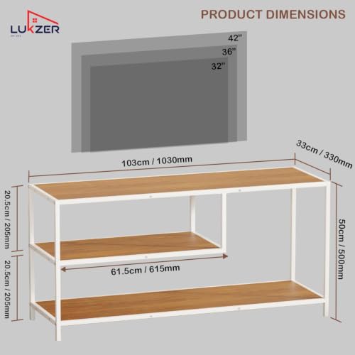 Image of Lukzer Metal & Engineered Wood TV Unit Stand Ideal for TVs Up to 43 Inch | MTU-001 /White + Oak Brown | Open Shelves for WiFi Router, Set-Top Box, Speakers & Decor | Living Room Storage Rack Organizer