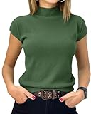 Saodimallsu - Suéter de manga corta para mujer, cuello alto, casual, básico, de punto, entallado, sin botones, Verde...