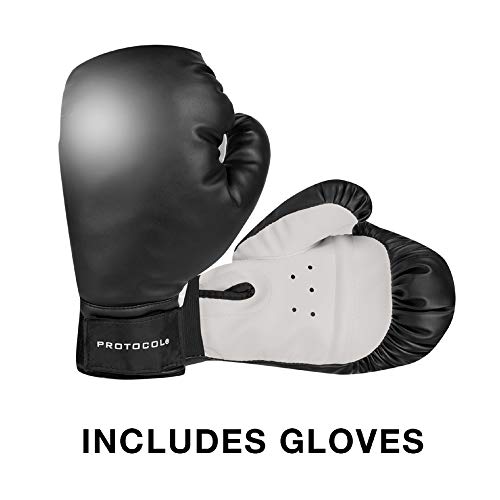 Protocol Best All-in-one Boxing Set | Solid EVA Foam Punching Ball with Adjustable Height Stand That Withstands Tough Beatings and Includes Comfortable Boxing Gloves (Premium) Black