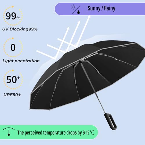 Ring Buckle Fully Automatic Umbrella, Reflective Safety Strip, Sturdy Windproof, Reverse Automatic, Travel Portable, Compact Folding (Beige) - Image 5
