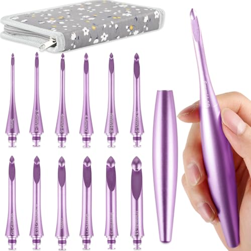 Svartur Interchangeable Crochet Hook Set with 12 Hooks – Ergonomic Crochet Hooks Large Handle, US Sizes E-4 to N-15 (3mm–10mm), Smooth & Lightweight, Crochet Kit with Storage Case, Purple