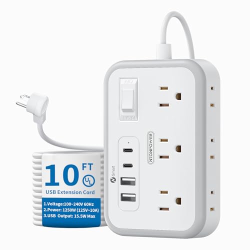 Surge Protector Power Strip 10 ft, Flat Plug Extension Cord with...