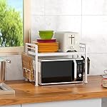 YIUKEA Extendable Microwave Oven Rack - Adjustable Kitchen counter shelf, 2 Tier Microwave Stand (L15.7~23.6" xW12.8 xH17.7) with 6 Hooks for Kitchen Countertop Organizer (White)