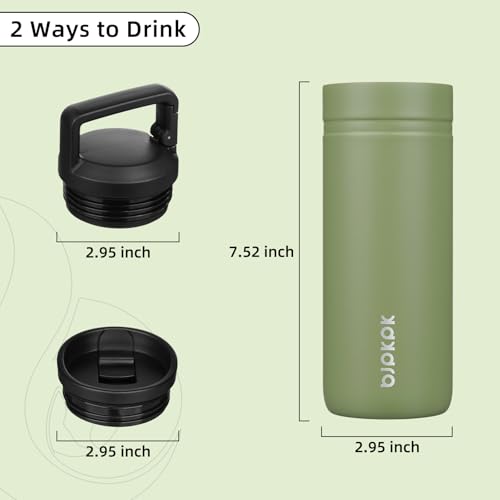 Image of BJPKPK 20 oz Insulated Travel Water Bottle, Coffee Tumbler Stainless Steel | Double Wall Vacuum, Leakproof, Thermal, Keeps Hot /Cold, Dishwasher Safe, Spill Proof, Wide Mouth, 2 Lids, Forest Green