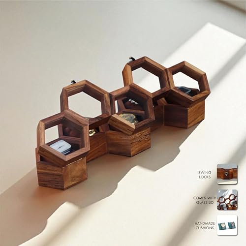 Image of Vintage Wooden Watch Box for Men, Timepiece Display Case, Honeycomb Watch Storage & Organizer, Jewlery Box for Women, Anniversary Gift For Husband (5 Compartments)