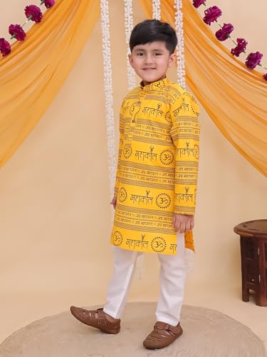 Image of AJ DEZINES Boys Cotton Full Sleeve Letter Printed Kurta Pajama Set for Kids - Ethnic wear | Special Occasion & Traditional Outfit |Boys Kurta Set - Regular Fit