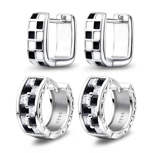 Generic Hoop Earrings for Women Trendy - Checkered Earrings Dainty Silver Earrings White Black Enamel Minimalist Hoops Cubic Zirconia Huggie Earrings Gift for Girls Teens