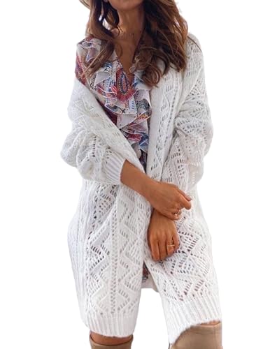 Image of Libsorge Womens Oversized Cute Crochet Chunky Knit Long Cardigan Fall Winter 2025 Trendy Boho Country Concert Outfits Sexy Hollow Out Open Front Long Sleeve Sweater Cardigans White L